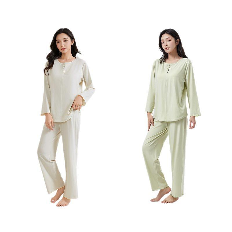 High-End Women's Summer Set: Chinese-Style Long Sleeve Top & Pants with Chest Pad, Lyocell Cotton Pajamas