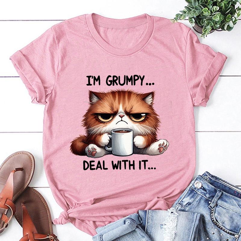 New Funny Cat IM Grumpy Deal with Is TShirt Short Sleeve O Neck Summer Casual Letter Printing Women TShirt Aesthetic Top Tee