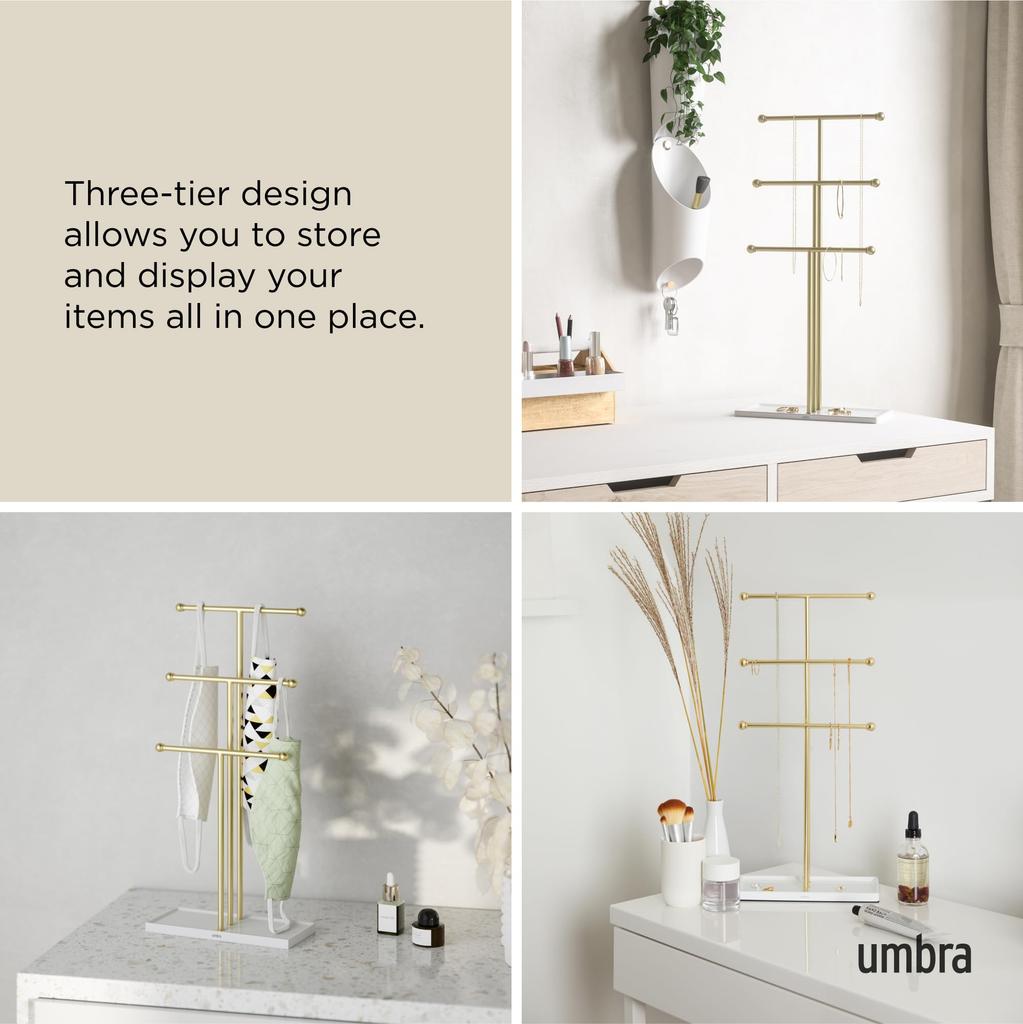 Official Umbra Trigem Jewelry Stand, KD, White/Brass