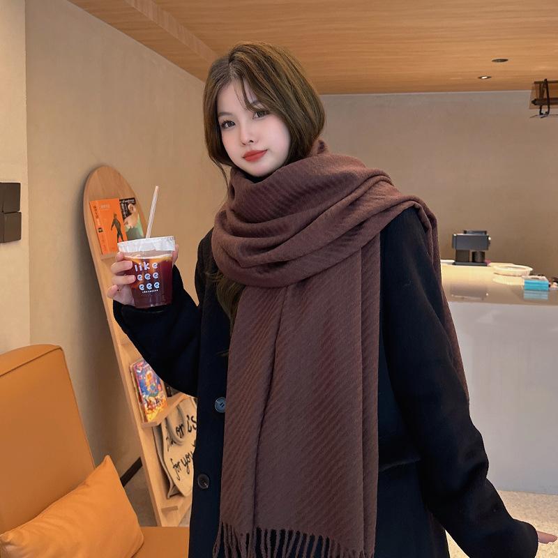 New Autumn and Winter Wool Scarf for Women Versatile Solid Color Scarf  Thickened Warm Shawl  Simple Tassel Red Scarf