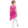 Girls Asymmetrical Lyrical Dance Costume Mock Neck Cutout Sheer Mesh Patchwork Shiny Rhinestones Side Split Dress