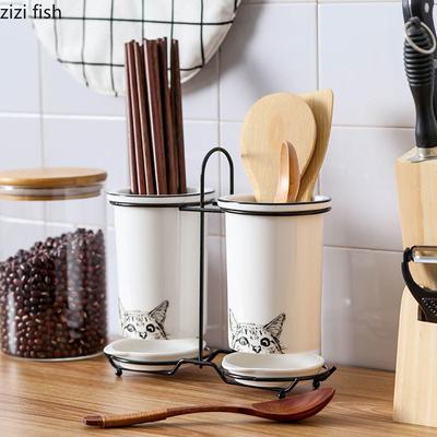 Cat Ceramic Chopsticks Holder Set Drain Rack Chopstick Cage Cutlery Box Kitchen Storage Organizer Chopsticks Box Storage Rack