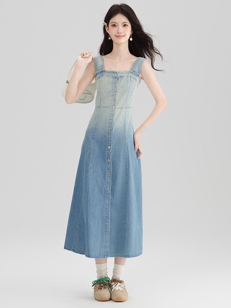 

Постепенный переход цвета, ретро джинсовый жилет, платье на подтяжках, женское летнее платье с темпераментом, талия, необработанный край, большое платье-свинг L