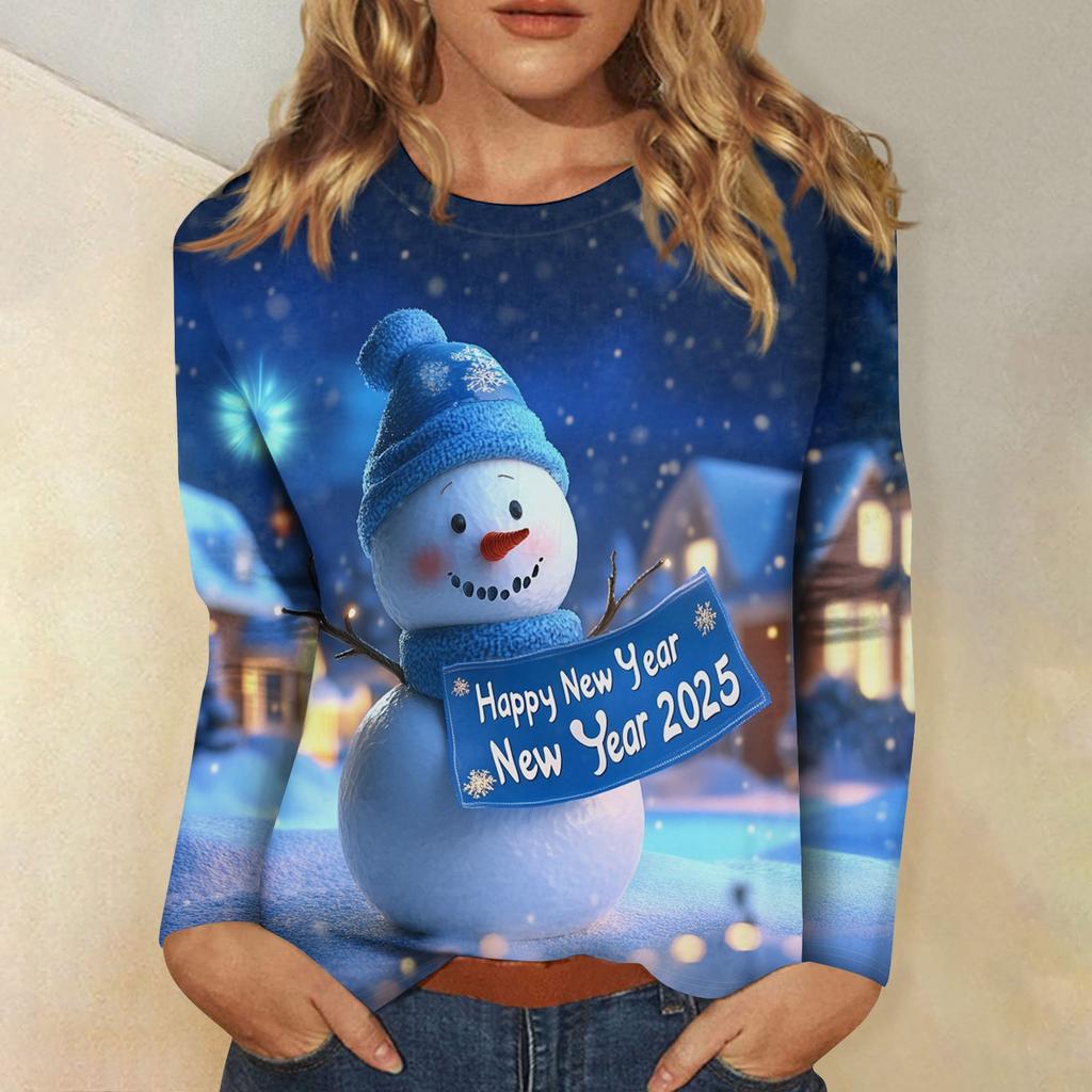 Women's Casual Fashion Sexy Comfortable Christmas Printed Round Neck Long Sleeve Top