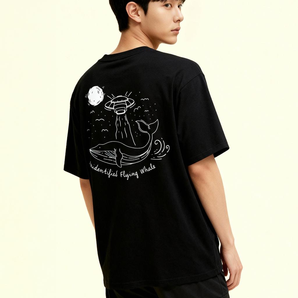 OKSTAR Cool Cotton Oversized Spaceship Whale Short Sleeve Tee