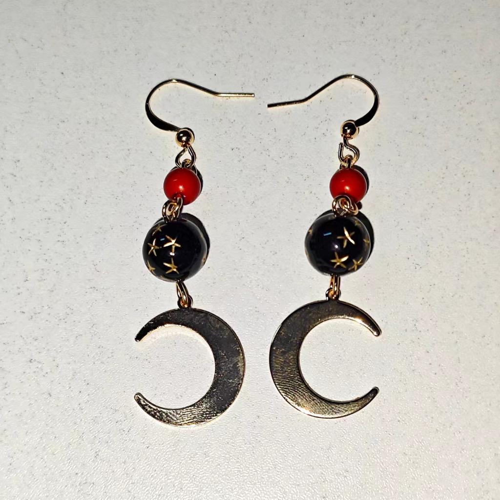 Agate And Copper Bead Crescent Star Earrings, Suitable For Women To Wear, For Casual Outfits, And As Party Decorations.