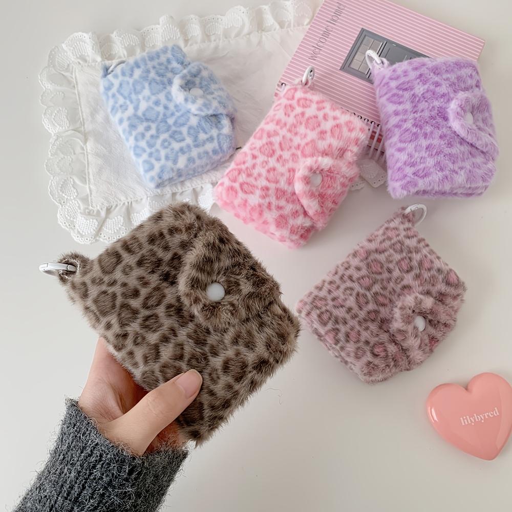 Cute Plush Leopard Pattern Snap Card Bag for Girls Mini Storage Wallet Coin Wallet Pendant Earphone Bag Women's Gifts