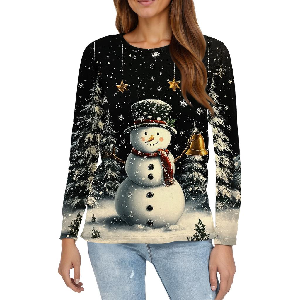 Women's Fashion Casual Slit Hem Round Neck Long Sleeve Loose Christmas Printed T-Shirt Ladies Top