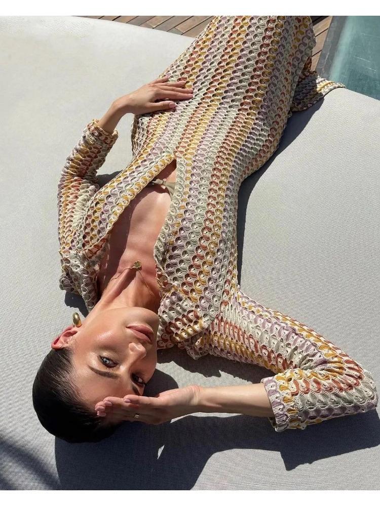 Crochet Colorful Stripe Maxi Dress Women Flare Sleeve V-neck High Split Sexy Long Dresses Beach Banquet Vestidos
