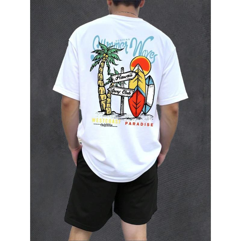 

2025 Summer Men s Beach Palm Tree 3D Printed Short Sleeved T-Shirt And Solid Color Shorts Two-Piece Quick Drying Neutral T-Shirt S