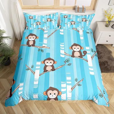 Bettwäsche-Set mit Affenmotiv (Queen-Size, Einzel- und Doppelbett), Kawaii-Tier-Affen-Bettbezug mit Zweigen und Blättern für Kinder, Mädchen, Teenager und Erwachsene