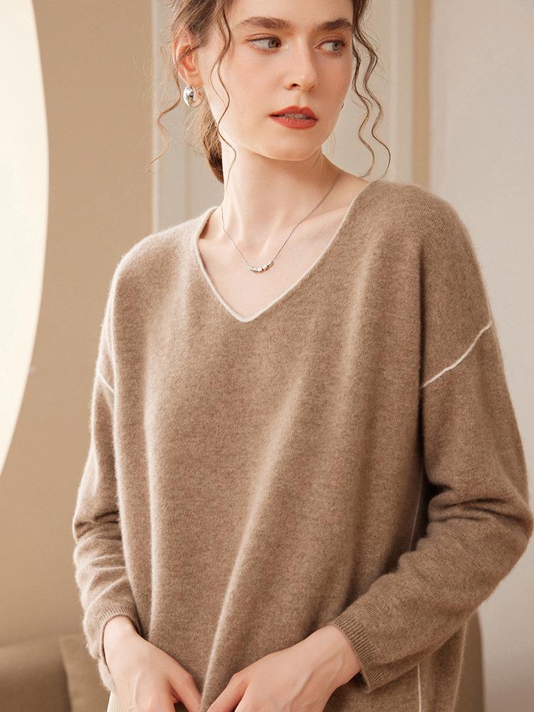 Korean Style Slimming V-Neck Cashmere Knit Sweater for Women