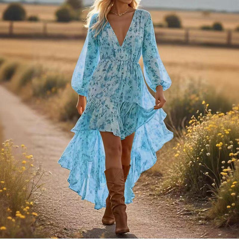 

Модное платье в богемном стиле с V-образным вырезом, асимметричным подолом и принтом, с длинными рукавами Blue XL