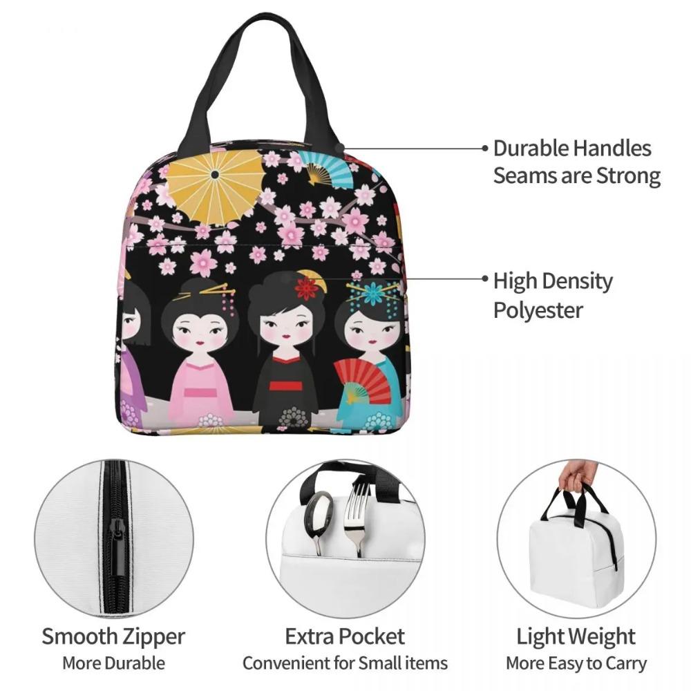 Japanese Sakura Kokeshi Doll Insulated Lunch Bag for Women Kids Leakproof Food Boxes Thermal Lunch Box Tote