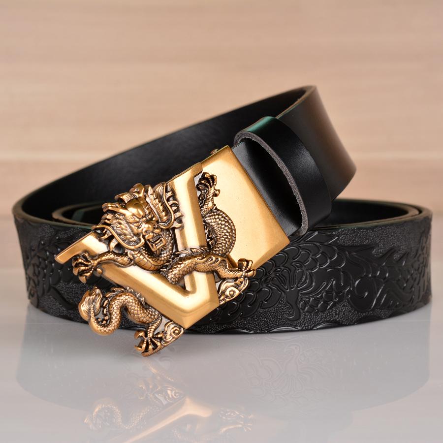 Dragon Embossed Automatic Buckle Men's Belt - Cowhide Casual Jean Accessory