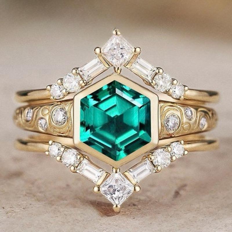 

European and American new fashion hexagonal green zircon inlaid personalized versatile light luxury women s ring 10&Gold-color зелений