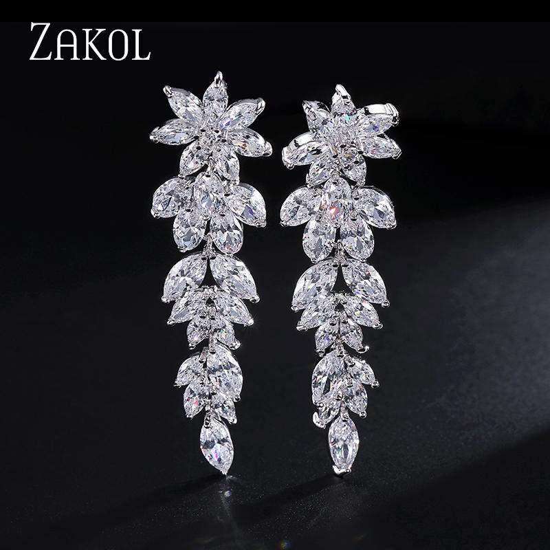 ZAKOL Luxury Marquise Cluster Flower Shape Cubic Zirconia Long Dangle Drop Earrings for Brides Wedding  Zircon