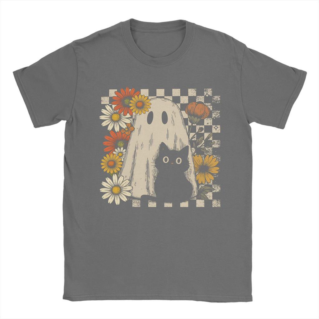 Boho Floral Fall Ghost Cat Halloween T Shirt Summer Hippie T-Shirts Mens Cotton O Neck Oversize Tees Short Sleeves Tshirt