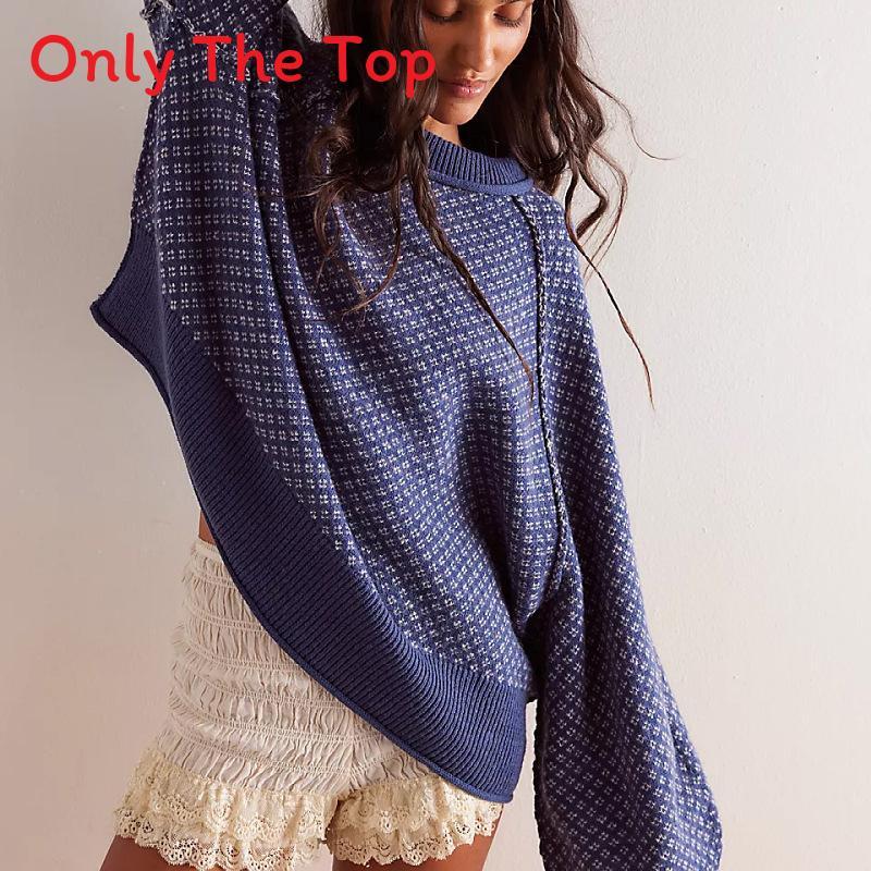 Streetwear Knit Sweater With Flannel Pattern For Women Winter Casual Long Sleeve