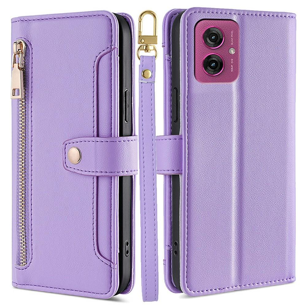 

For Motorola Moto G55 5G Leather Case Zipper Pocket Wallet Phone Cover with 2 Straps Purple