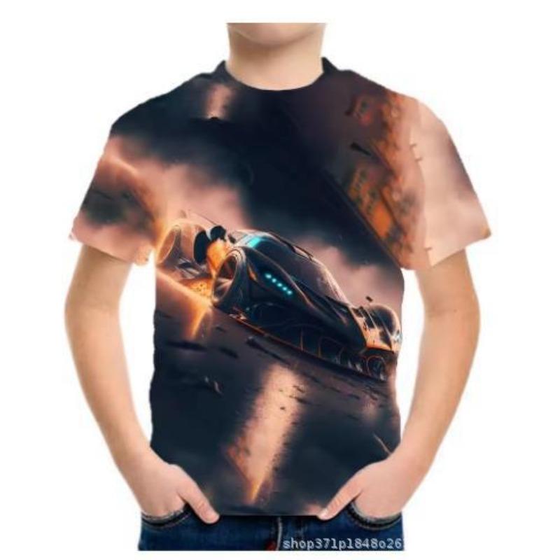 Summer Round Neck 3D Racing Series Printed Top Fashionable Casual Short Sleeved Children's Boy T-shirts