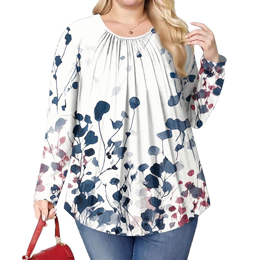 Women's Plus Size Fashion Printed Casual Pleated Round Neck Long Sleeve Top