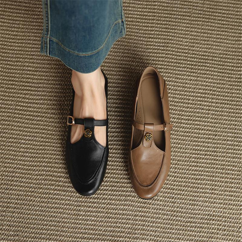 Fashion New Spring/autumn Genuine Leather Women Shoes Round Toe Mary Jane Shoes for Women Fashion Belt Buckle Low Heel Flat Women Pumps