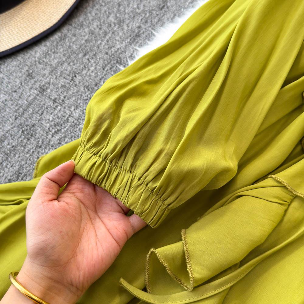 Jemný styl Temperament Bublinkové rukávy Stojáček Stahovaný pas Áčkový střih Volánový okraj Šifonové šaty Elegantní Velká kolová Dlouhé šaty