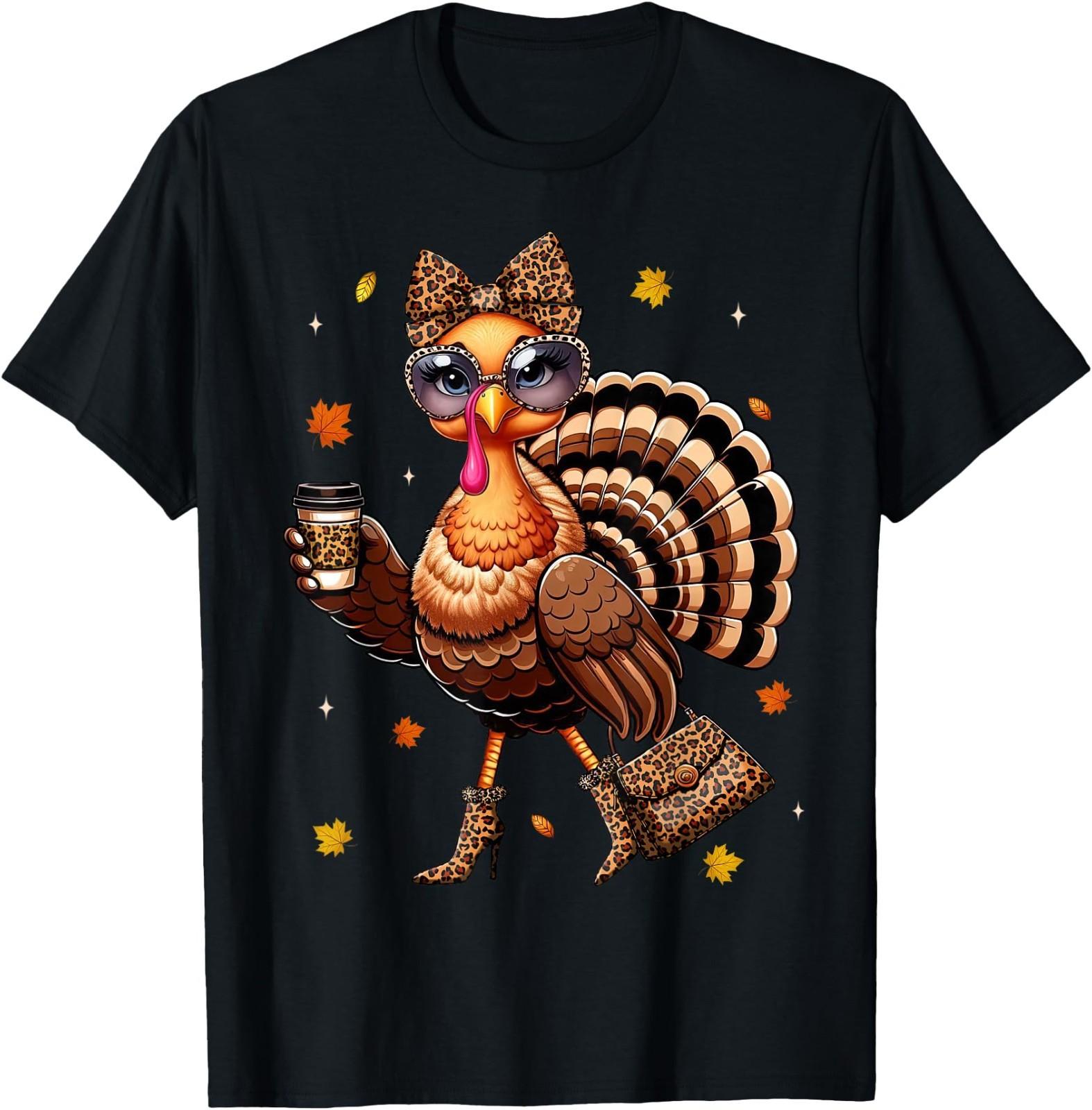 Leopard Turkey Drinking Coffee Thanksgiving Turkey Day T- Unisex T-Shirt XL