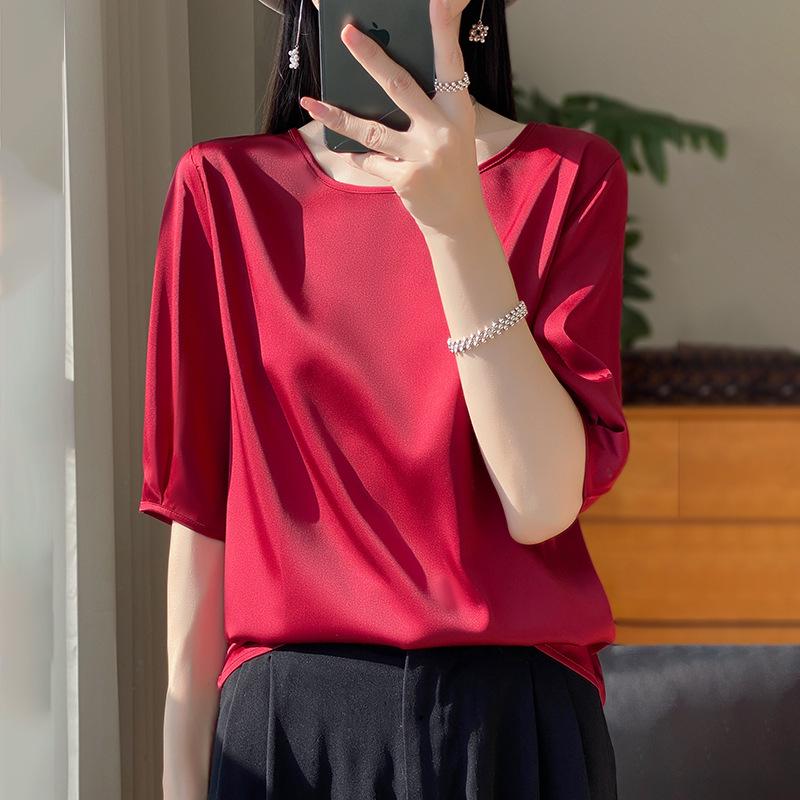 Satin Round Neck Half-Sleeve Loose T-Shirt for Women