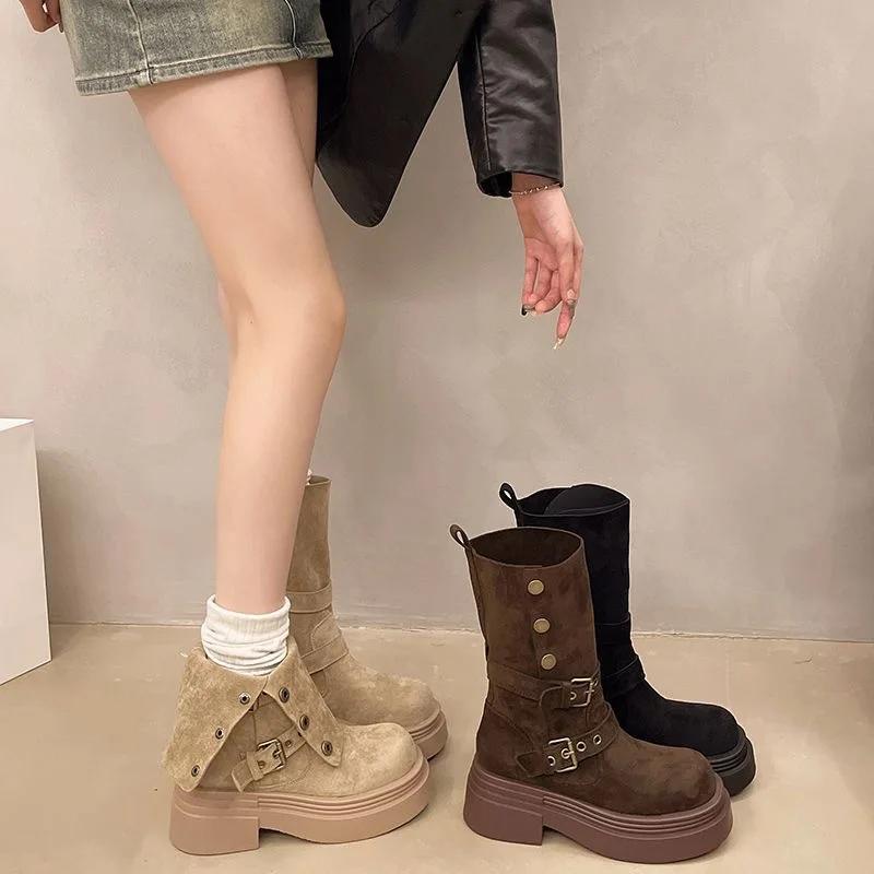 Fashion Vintage Platform Thick Bottom Women Western Cowboy Boots Fashion Belt Buckle Height Increase Female Mid Calf Booties2025 new