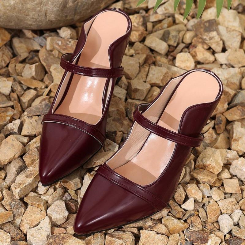Fashion Burgundy Matte Leather Slippers Slip On Sexy Pointed Toe Stiletto Thin High Heel Straps High Heels Solid Handmade Fashion Shoes