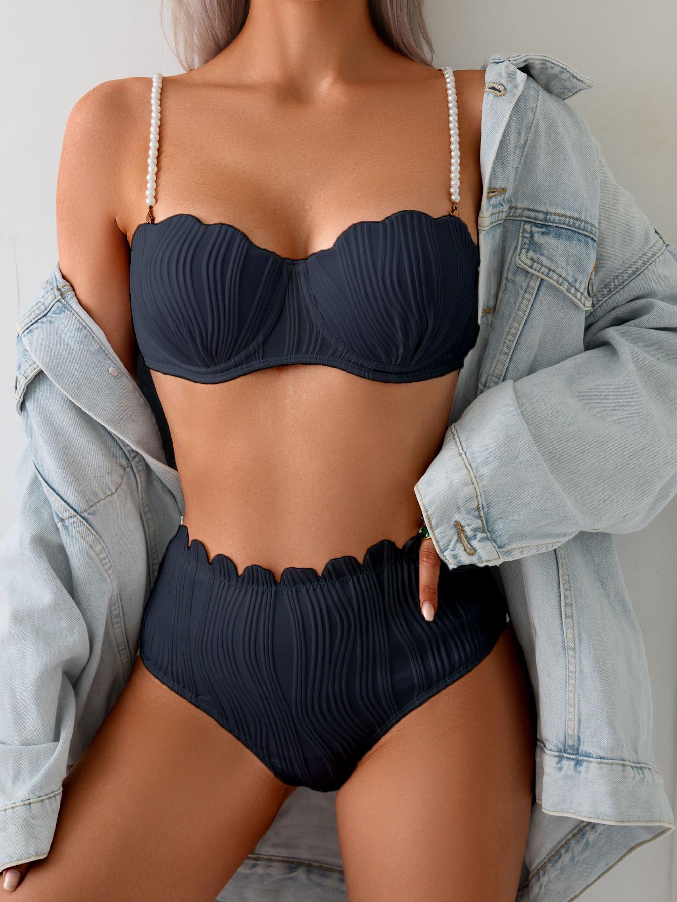 

Сплошной жемчуг бикини женский пуш-ап купальник с ракушками оборки высокая талия купальник женский купальный костюм пляжная одежда XL чёрный