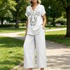 Dames Losvallend Linnen Tweedelig Set Geborduurd Top met Korte Mouwen en Wijde Pijpen Broek Casual Outfit voor Dagelijks Gebruik