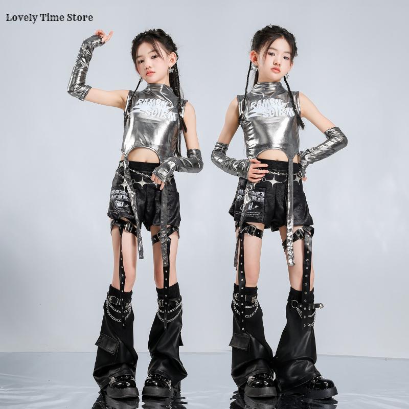 Girls Hip Hop Shiny Crop Top Pants Kids K-pop Jazz Shorts Dance Culottes Clothes Sets Children Streetwear Girl Group Costume