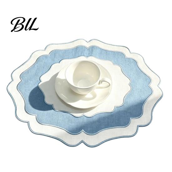 Washable Placemat Scalloped Linen Dining Table Mat Machine Wrinkle Colorful Free for Home Farmhouse Kitchen Restaurant Wavy Edge синий