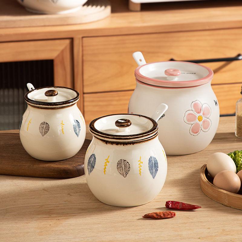 Japanese Ceramic Seasoning Jar with Lid and Spoon - Cute, High-Temperature Resistant Storage for Your Kitchen