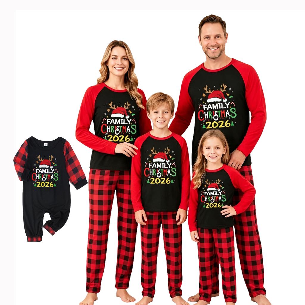 Christmas Print Neck Long Sleeve Pants Family Matching Pajama Set for Holiday Loungewear
