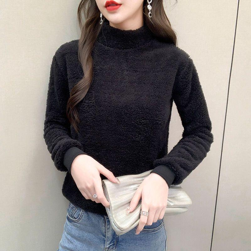 Двусторонняя женская футболка из кораллового флиса с высоким воротом и длинными рукавами зимнее свободное нижнее белье женская майка XXXL чёрный 1484₽