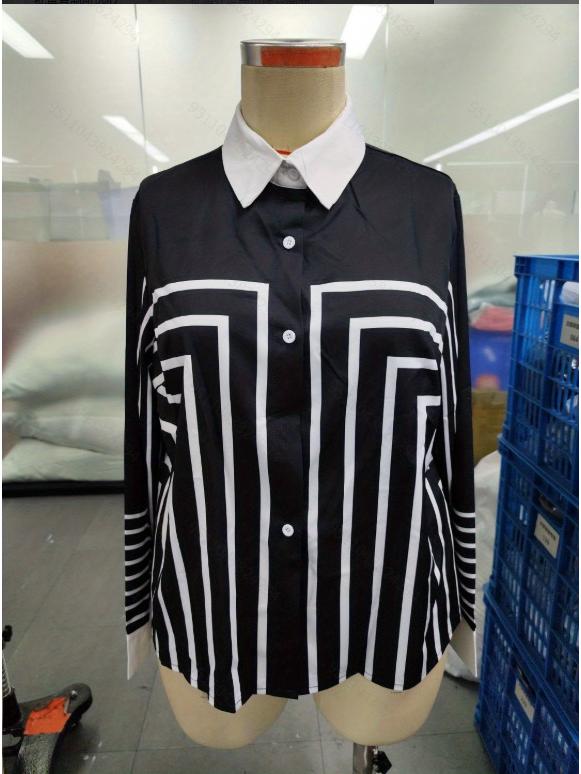 2026 Spring Plus Size Women's Color Block Digital Print Long Sleeve Shirt