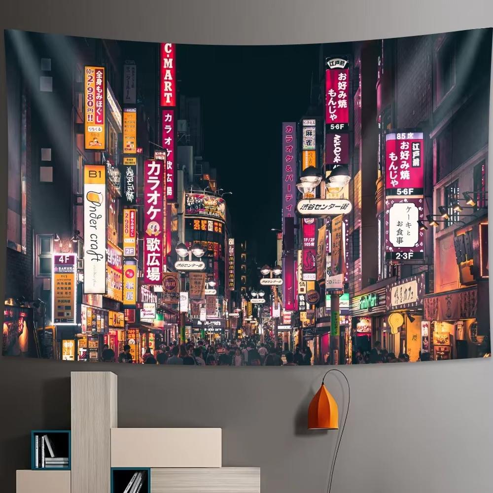 Tokyo Metropolitan Nightlife Tapestry, Japanese City Wall Hanging For Bedroom Home Decor Bohemian Hippie Printed Sheet