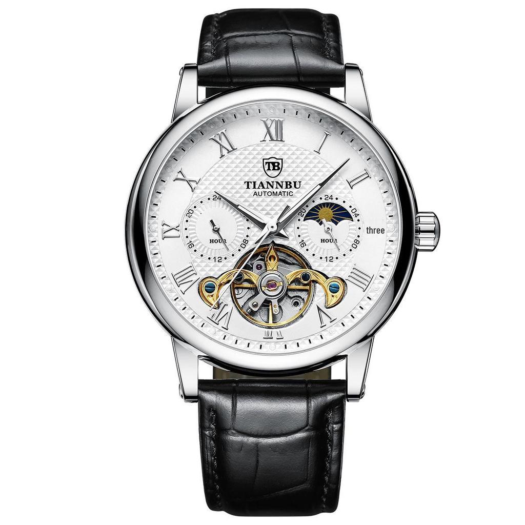 Relógio Masculino Automático Luminoso à Prova d'Água com Pulseira de Couro - Design Sol Lua Estrelas