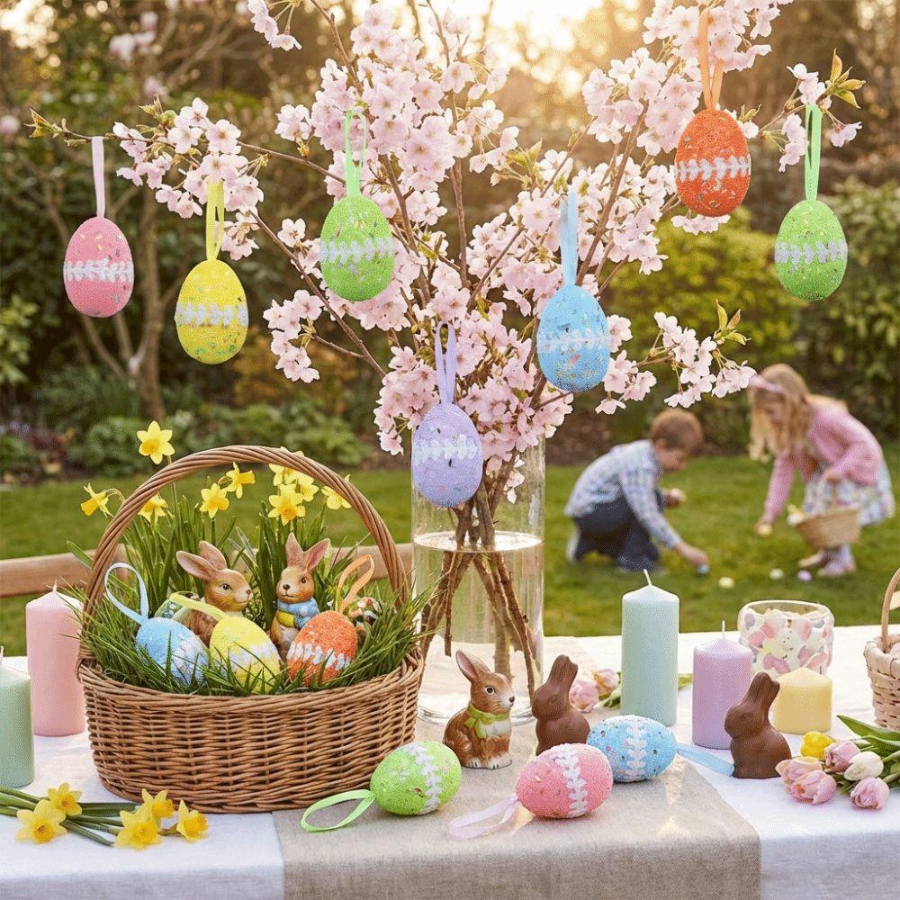6Pcs Colorful Foam Easter Eggs Pendant DIY Craft with Ribbon Eggs Hanging Ornaments Egg Props Glitter Easter Egg Decorations