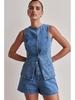 Sleeveless Denim Two-Piece Set for Women: Button Design High-Waisted Shorts, Trendy & Casual European-American Style 2026.