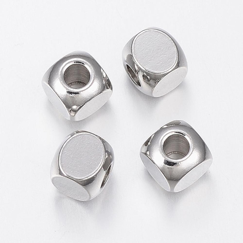 100pcs Tarnish Resistant 304 Stainless Steel Beads Cube Stainless Steel color 6x6x6mm Hole: 3mm white