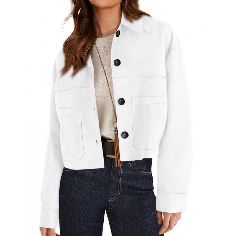 Spring Autumn Polo-neck Solid Color Casual Fashion Cardigan Coat Women Single Breasted All-match Jacket Top