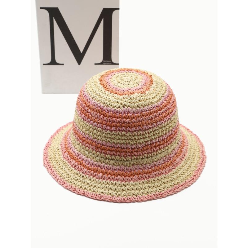 Color breathable bucket hat wide brim small fresh spring and summer travel visor striped hand woven breathable hat