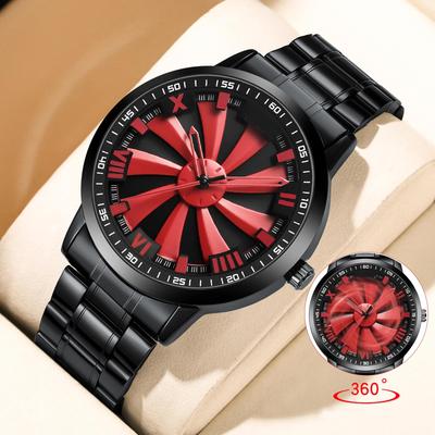 Men Quartz Watch Stainless Steel Rotating Wheel Clock Movement Casual Sports Wristwatch