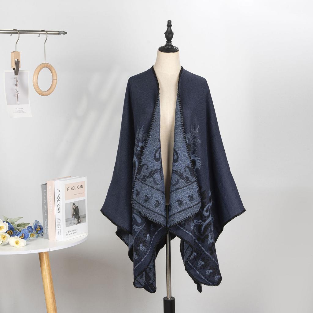 Double-Sided Imitation Cashmere Jacquard Split Women'S Shawl Warm Thickened Shawl Air-Conditioned Room Travel Cloak