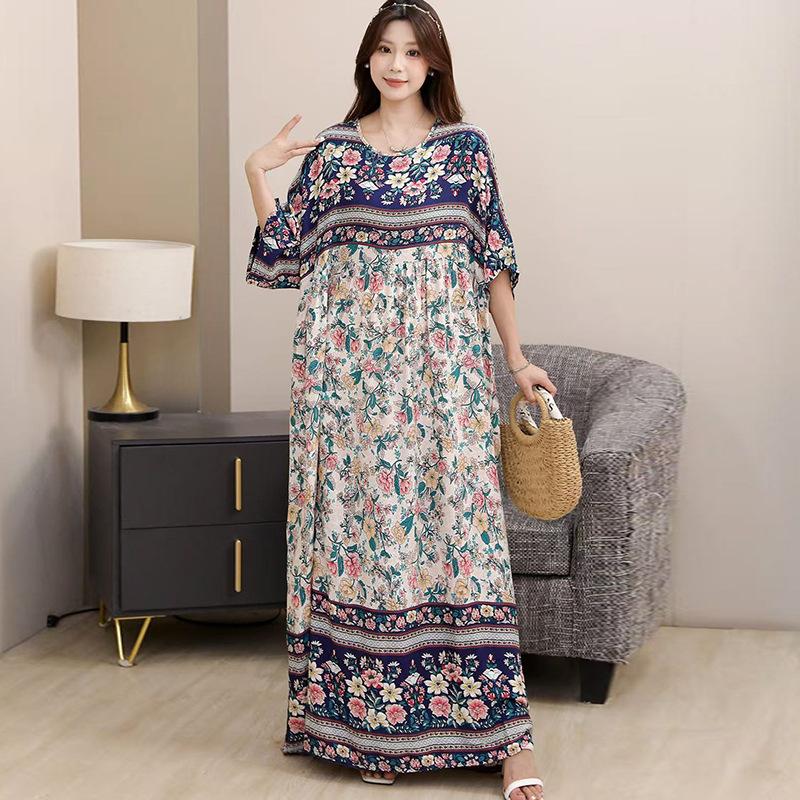 South East Asia 100kg super fat dress fat girl plus short sleeve maternity dress loose floral beach long skirt